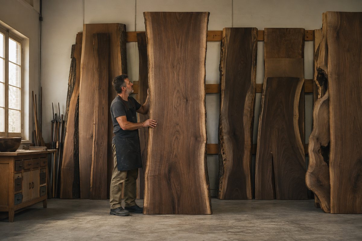 Maker sighting the grain of a tall walnut slab against the rack