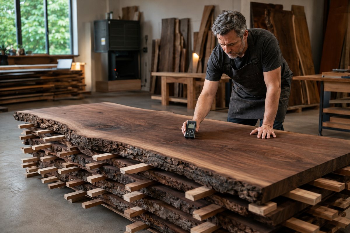 Checking moisture content of a stacked, stickered walnut slab with a meter