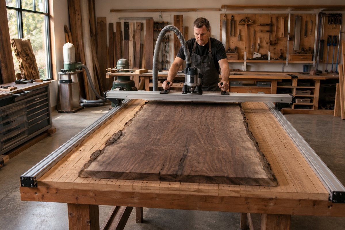 Router sled flattening a walnut slab on a milling table
