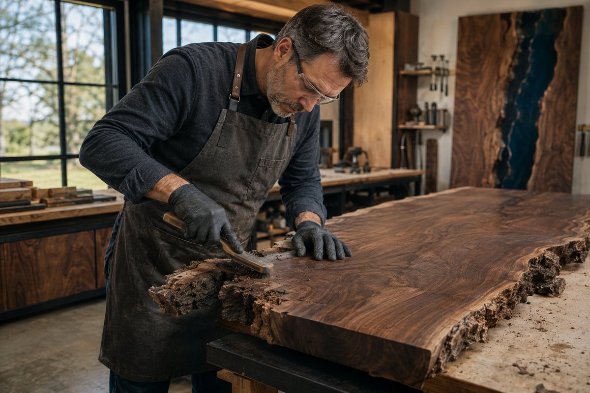 Cleaning and preparing the live edge of a walnut slab with a brush