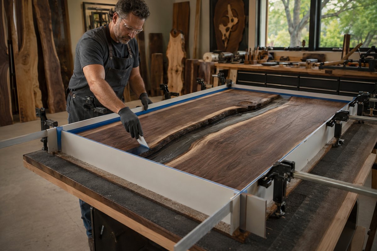 Sealing the walls of a melamine casting form around a river-table slab