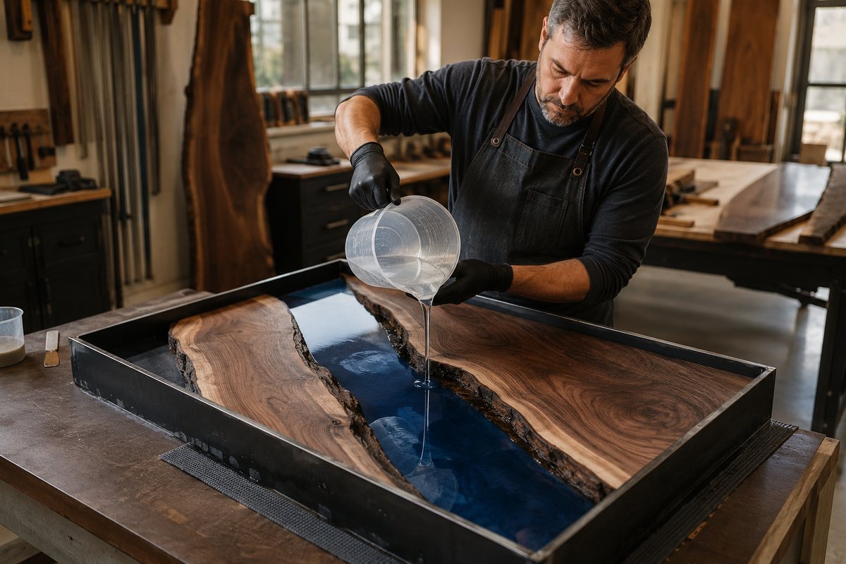 Pouring clear deep-cast epoxy into the river channel of a walnut slab