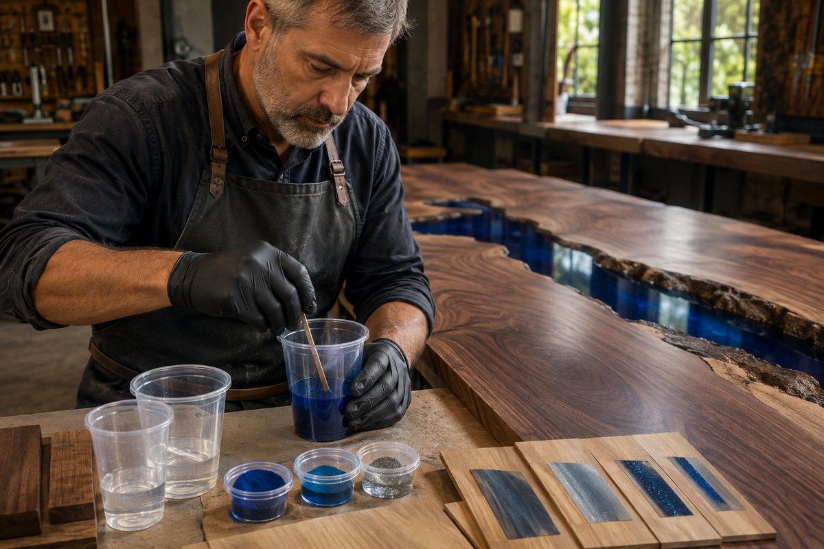 Mixing blue pigment into epoxy beside a finished blue-river walnut table