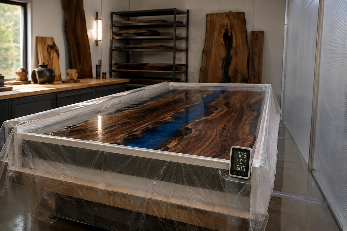 Blue-river table curing under cover with a temperature and humidity monitor