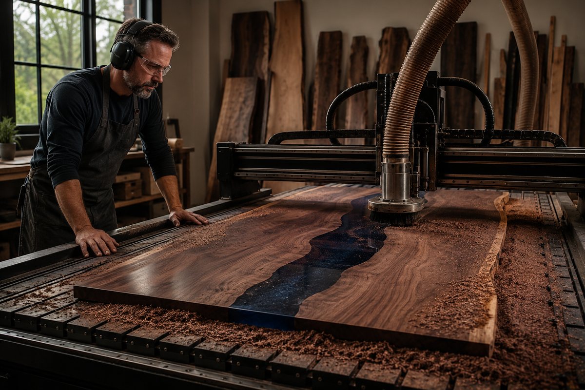 CNC surfacing a cured epoxy-and-walnut river table