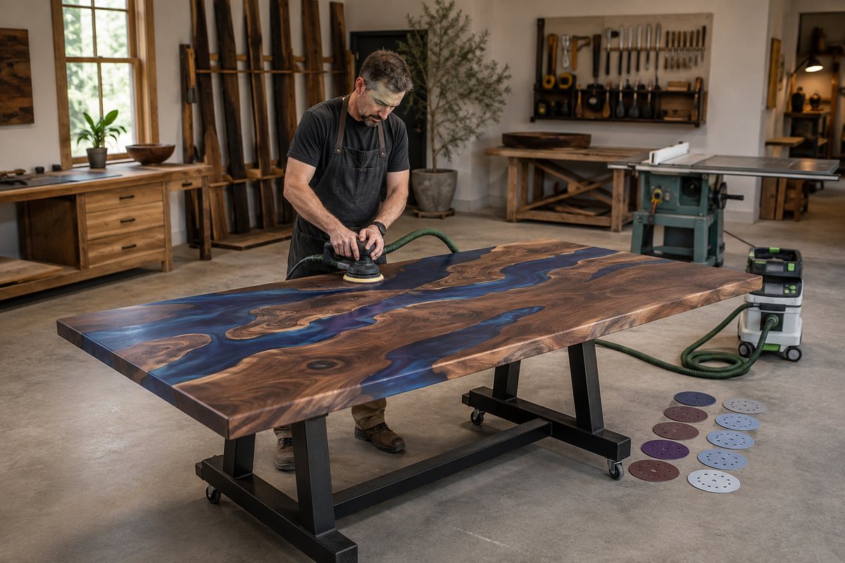 Random-orbit sanding a blue-river walnut dining table, grits laid out