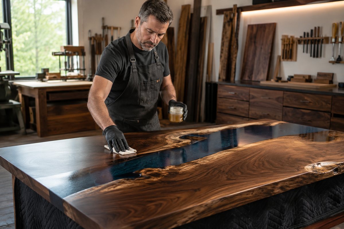 Hand-applying finish to a blue-river walnut table, wiping along the grain