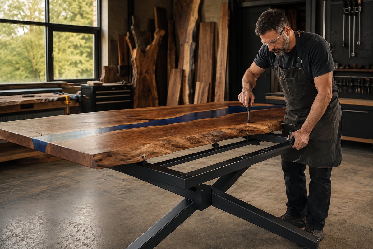 Fastening a finished walnut river table to a blackened-steel base