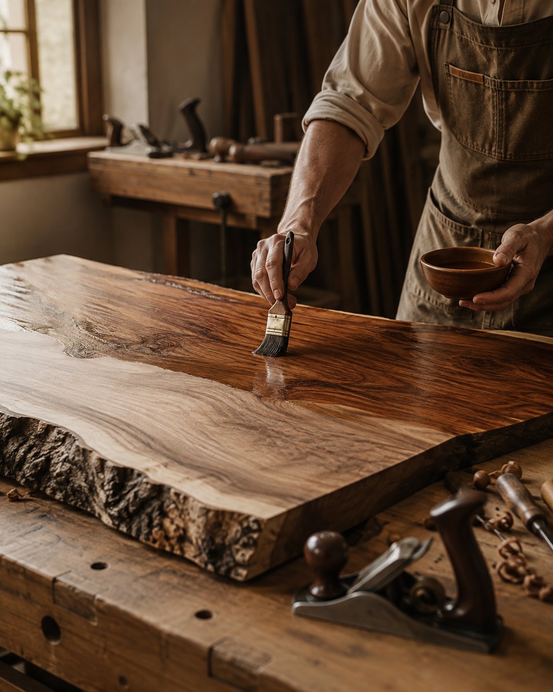 Maker brushing a hand-applied finish onto a live-edge walnut slab at the workbench