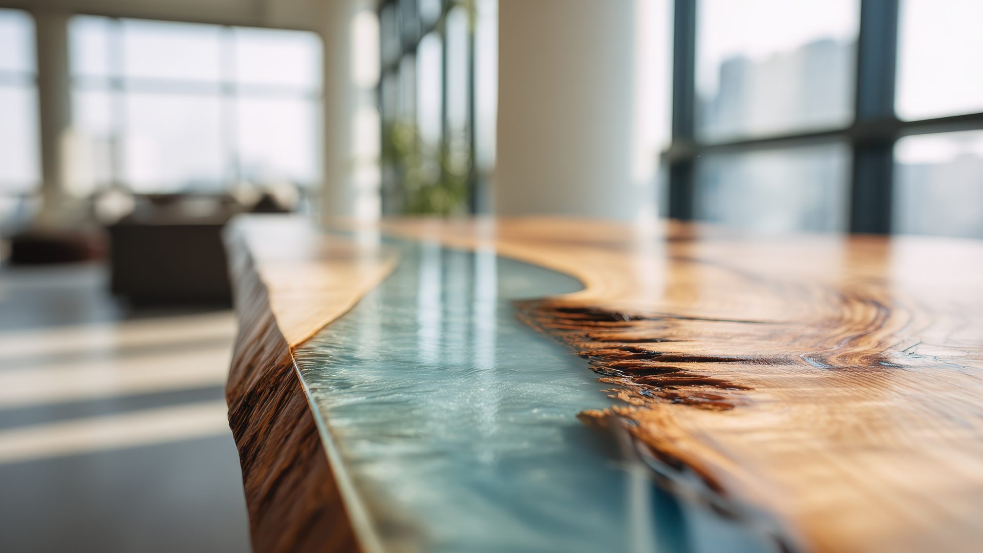 Live-edge conference table with pale sea-glass resin in a sunlit modern office
