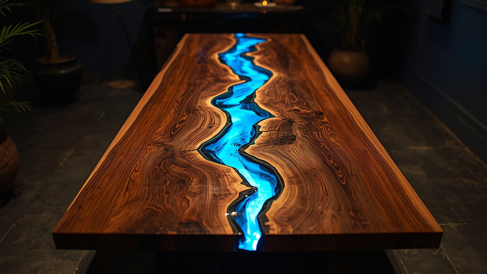 Custom black walnut epoxy river table with a glowing deep-blue channel, handcrafted in Arizona