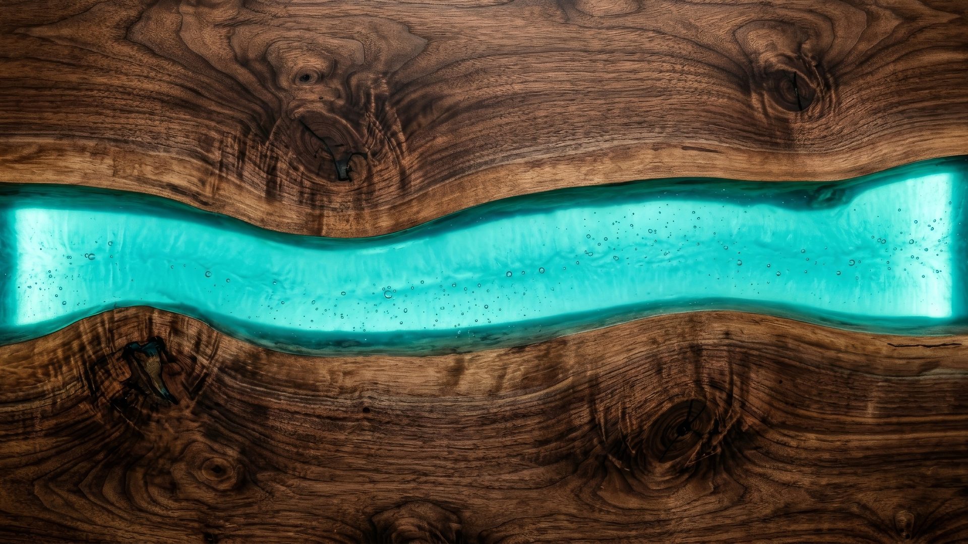 Canyon Light — walnut slab with a luminous turquoise resin channel