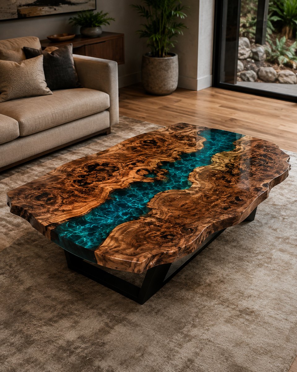 Buckeye burl coffee table with a glowing turquoise resin river in a living room