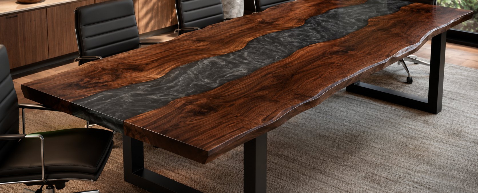 Bookmatched walnut conference table with a smoke-grey resin river and steel base