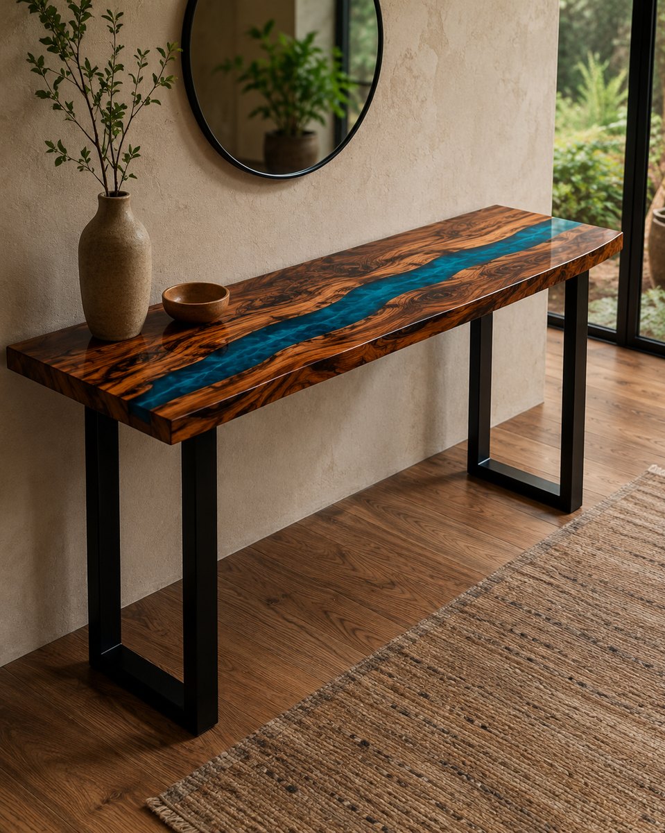 Live-edge console table with a turquoise-blue resin river against a plaster wall