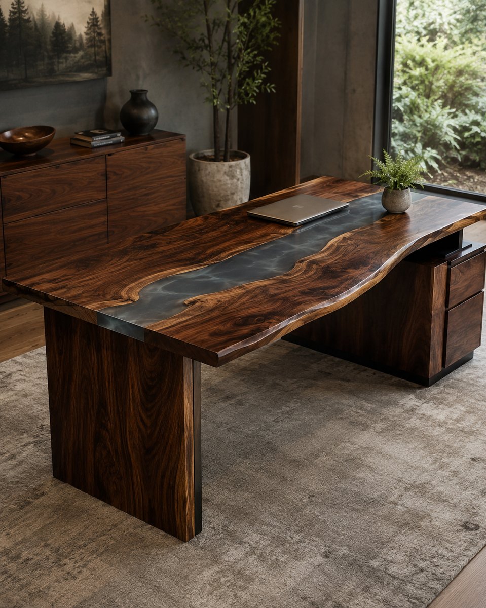 Live-edge walnut executive desk with a smoke-grey resin channel and waterfall leg