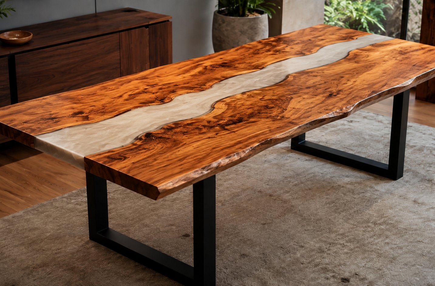 Mesquite dining table with a translucent pearl-white resin river on a steel base