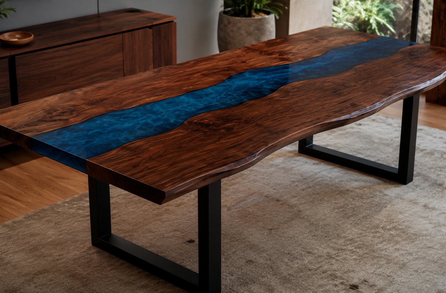 Black walnut dining table with a deep blue epoxy river on a blackened-steel base