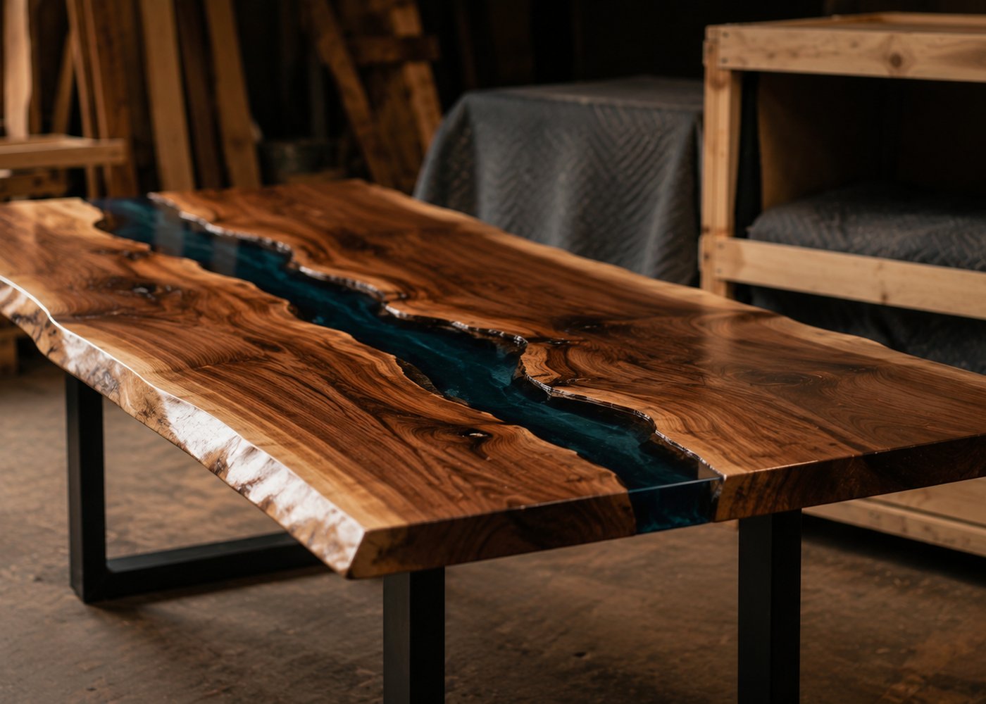 Finished blue-river walnut table beside a shipping crate, ready for delivery