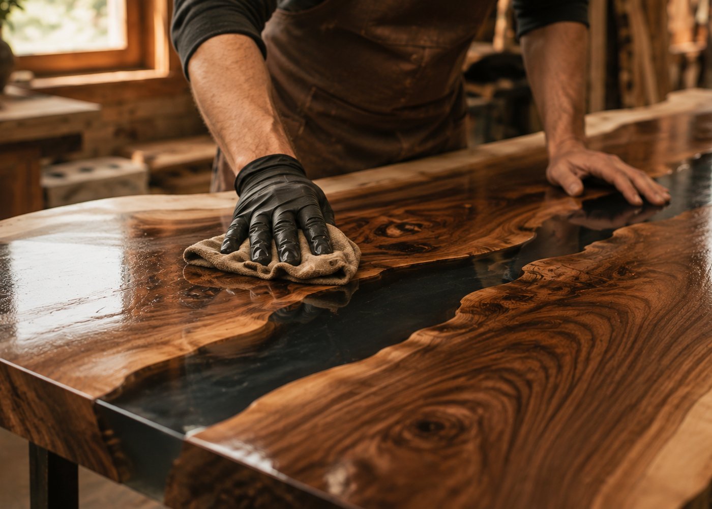 Hand-applying finish to a glossy live-edge walnut river table