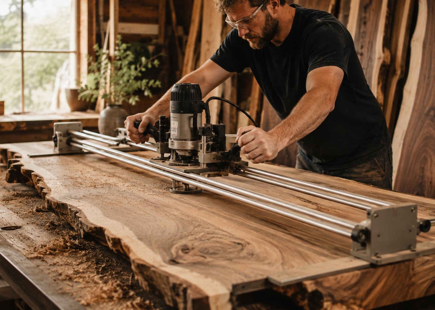 Router sled flattening a live-edge walnut slab on the milling bench