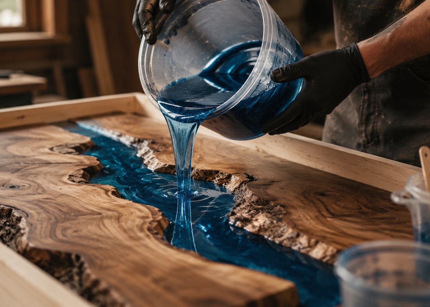 Pouring deep-cast blue epoxy into the river channel of a walnut slab