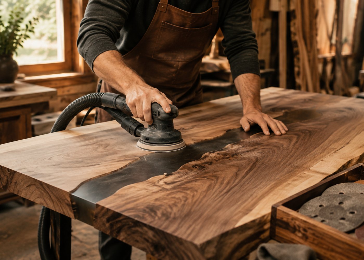 Random-orbit sanding a cured epoxy-and-walnut river table