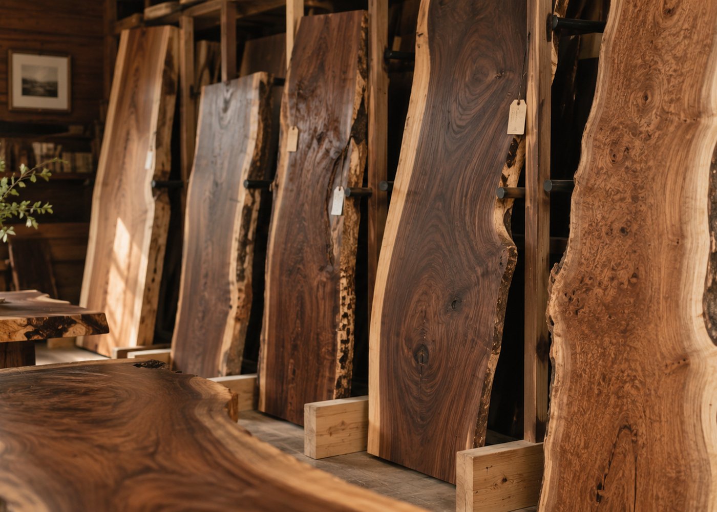 Rare live-edge walnut slabs racked and tagged in the Sonoran Works studio